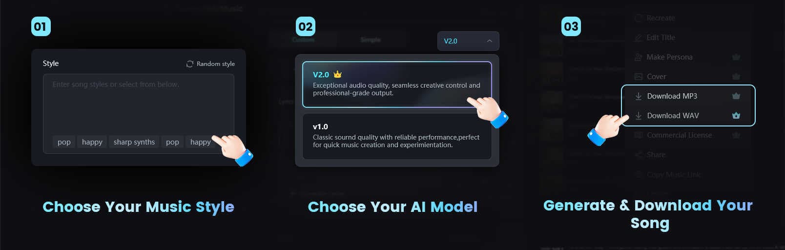Smart Instrumental Composer workflow showing text input, model selection, and instant generation